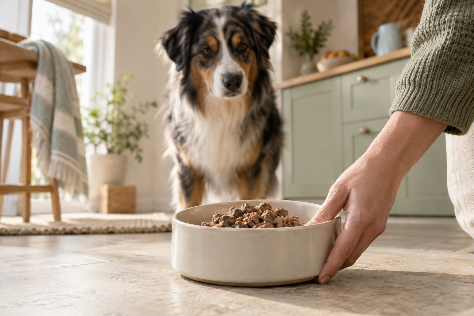 Futterzubereitung mit Hund im Hintergrund, generierte Anwendungsszene ohne Dosierungsangabe