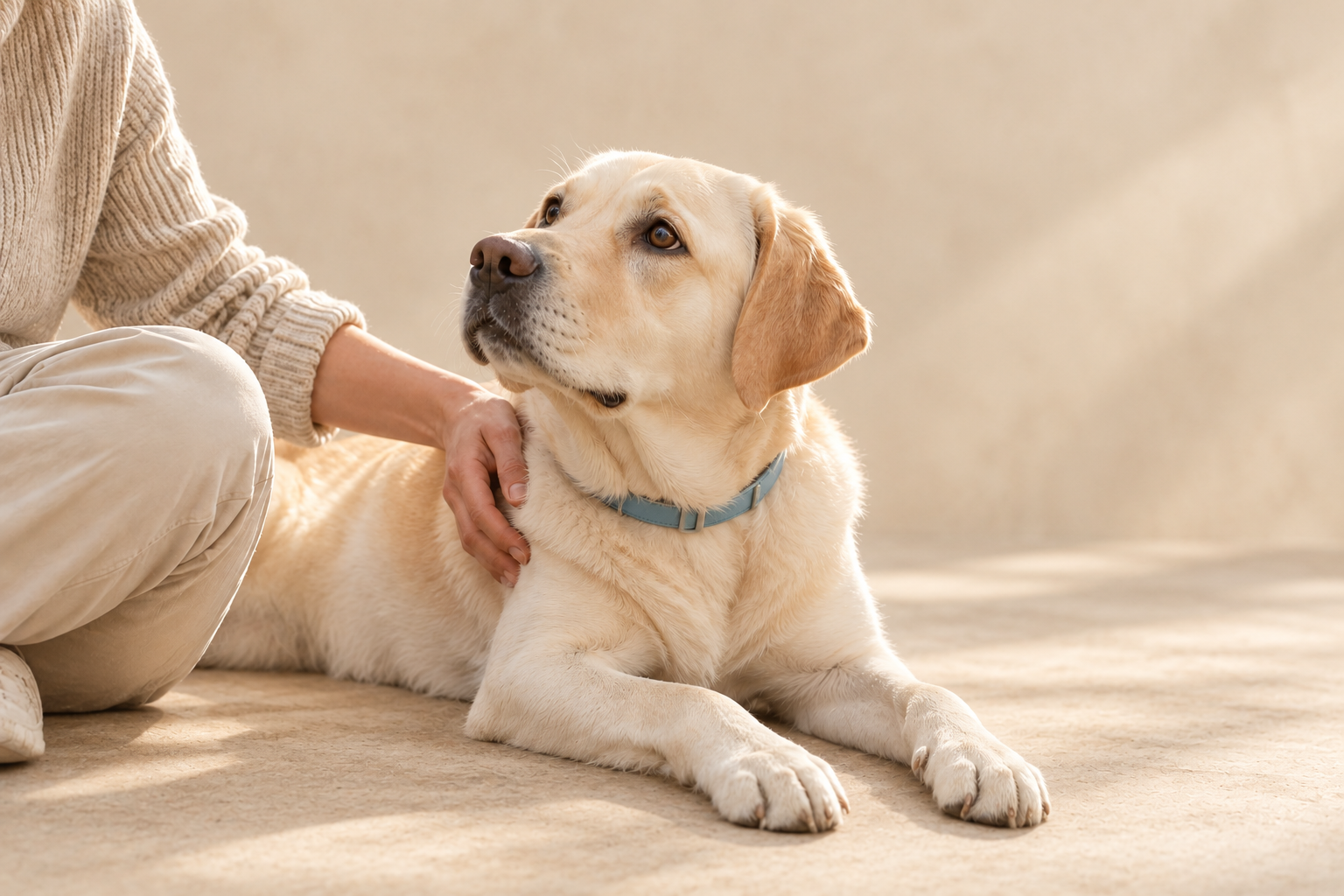 Ein heller Labrador mit blauem Halsband liegt vor warmem beigem Hintergrund und wird von seinem Menschen sanft gestreichelt.